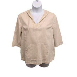 Charlie Paige Womens Large Tan Pullover Linen Blend 3/4 Sleeve Hoodie Top